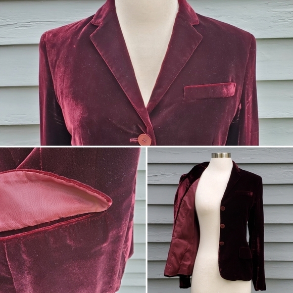 Vintage 90s Ralph Lauren Collection Burgundy Merlot Silk Blend Velvet Blazer 4 - Picture 3 of 5